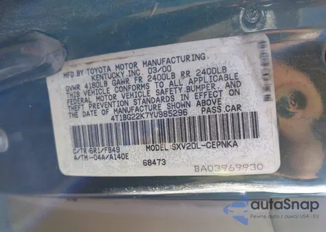 2000 Toyota Camry Le z USA, uszkodzony, nr VIN 4T1BG22K7YU985296